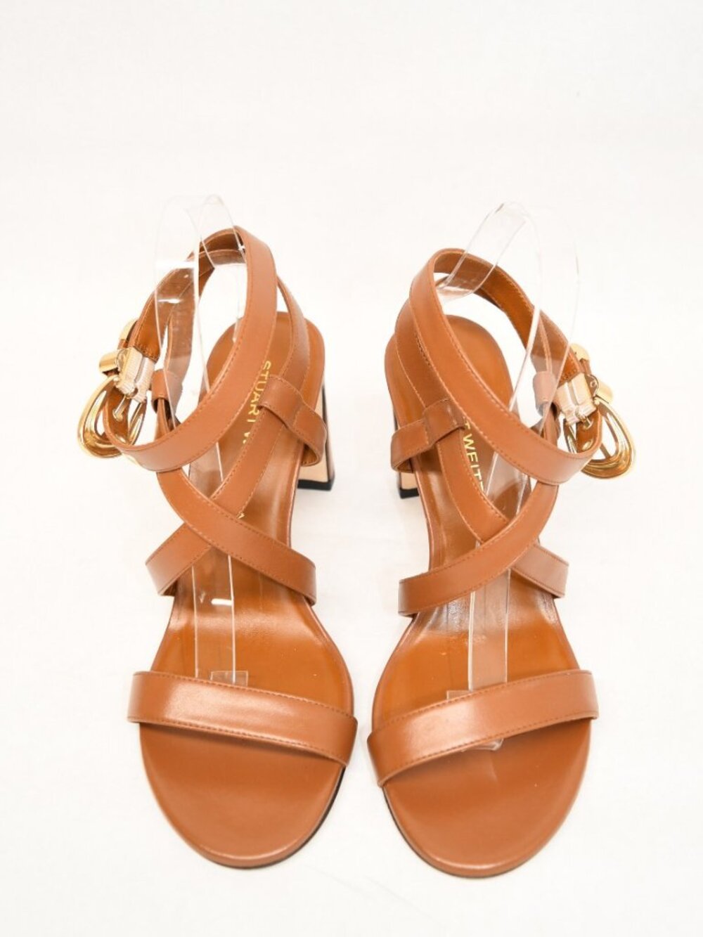 $600 STUART WEITZMAN Maven 75MM Leather Block-Heel Sandals SADDLE 8.5 (DD5) - Picture 3 of 7
